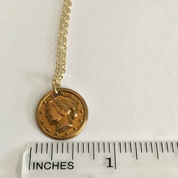 Vintage French Italian Coin Charm Necklace Gold Plated Wire France Italy Lady - Picture 9 of 9
